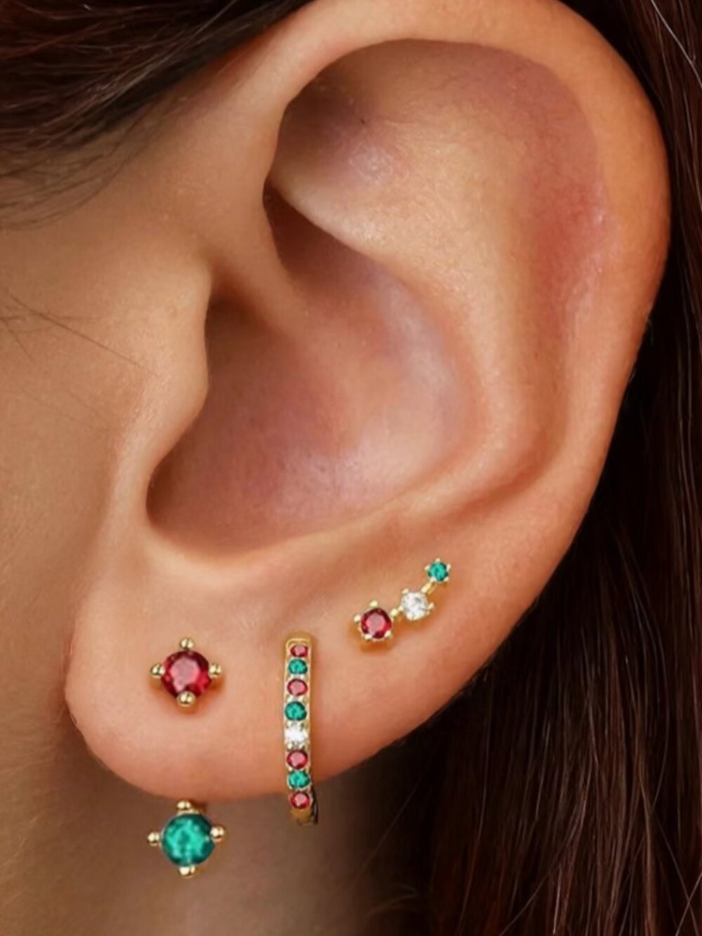 Gold plated stud earrings, CZ cartilage stack set